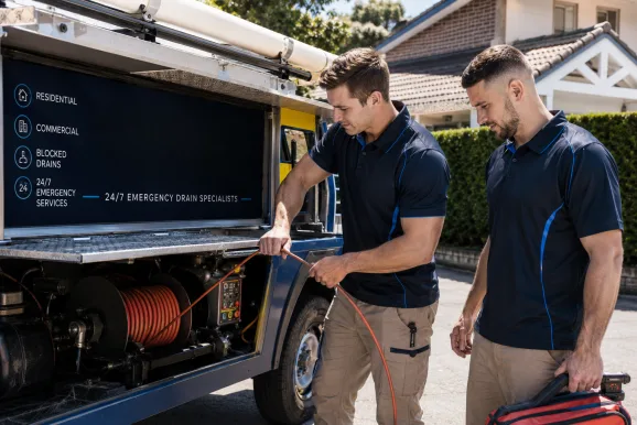 Two plumbers working on a blocked drain in Point Piper