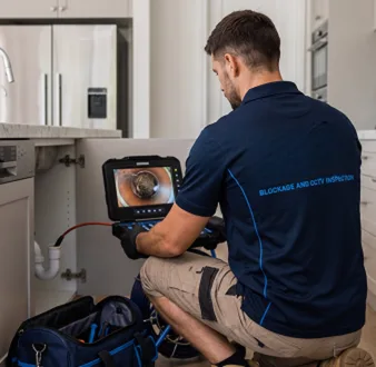 Plumber clearing a blocked toilet in a Point Piper bathroom